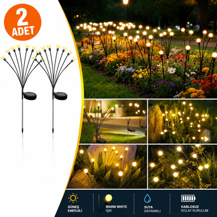 2'li Güneş Enerjili 70 cm Firefly Bahçe Lambası 8 LED Aydınlatma Dekoratif Solar Dış Mekan Balkon Yürüyüş Yolu