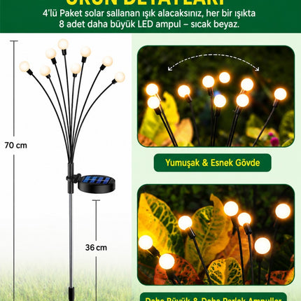 2'li Güneş Enerjili 70 cm Firefly Bahçe Lambası 8 LED Aydınlatma Dekoratif Solar Dış Mekan Balkon Yürüyüş Yolu