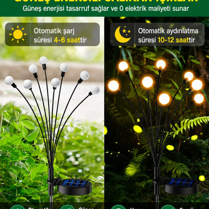 2'li Güneş Enerjili 70 cm Firefly Bahçe Lambası 8 LED Aydınlatma Dekoratif Solar Dış Mekan Balkon Yürüyüş Yolu