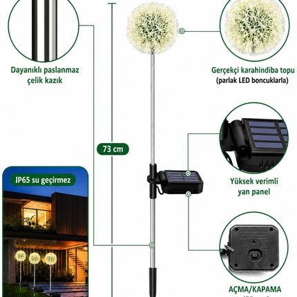 2'li Güneş Enerjili Karahindiba Bahçe Lambası Solar LED Dekoratif Dış Mekan Aydınlatma Sıcak Beyaz