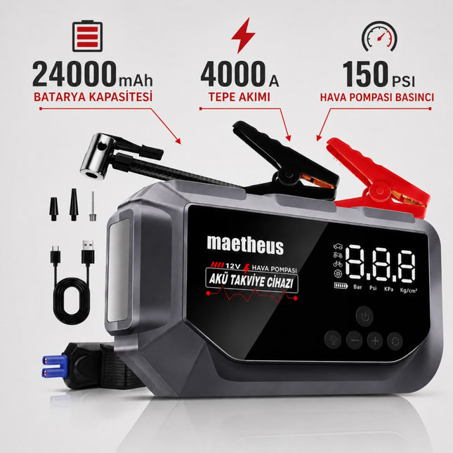 24000 mAh 4in1 Akü Takviye Cihazı | 150 PSI Kompresör | Lastik Şişirme | Powerbank | EVA Çanta | 4000A Tepe Akım