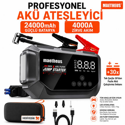 24000 mAh 4in1 Akü Takviye Cihazı | 150 PSI Kompresör | Lastik Şişirme | Powerbank | EVA Çanta | 4000A Tepe Akım