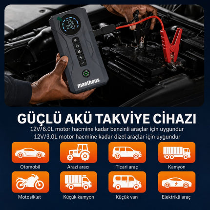 4-in-1 16000mAh Akü Takviye Cihazı | 150 PSI Kompresör | Powerbank | LCD Ekran | LED Fener | EVA Çanta | 2000A Tepe Akım
