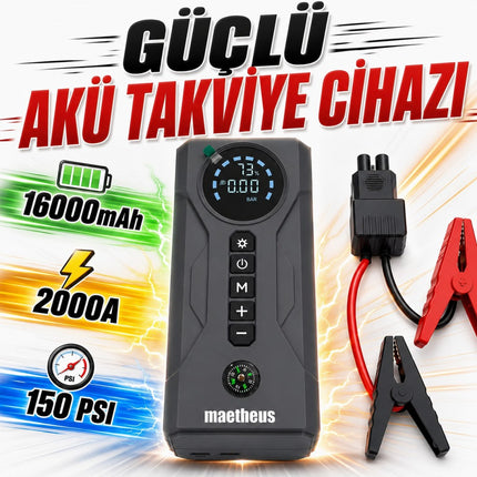 4-in-1 16000mAh Akü Takviye Cihazı | 150 PSI Kompresör | Powerbank | LCD Ekran | LED Fener | EVA Çanta | 2000A Tepe Akım