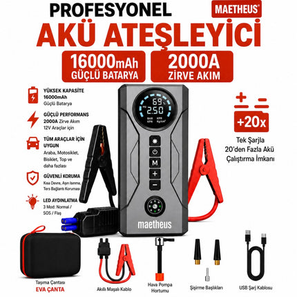 4-in-1 16000mAh Akü Takviye Cihazı | 150 PSI Kompresör | Powerbank | LCD Ekran | LED Fener | EVA Çanta | 2000A Tepe Akım