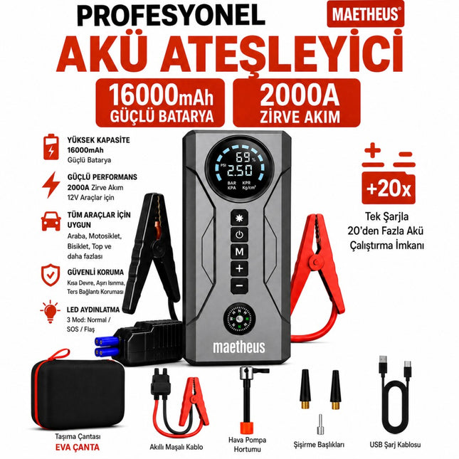 4-in-1 16000mAh Akü Takviye Cihazı | 150 PSI Kompresör | Powerbank | LCD Ekran | LED Fener | EVA Çanta | 2000A Tepe Akım