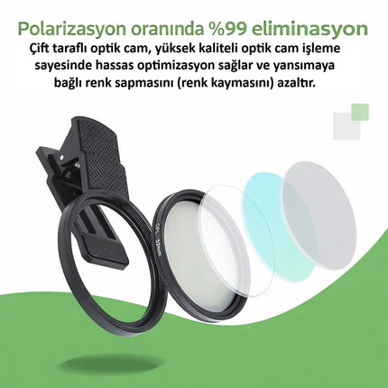 52mm CPL Polarize Telefon Kamera Filtresi Klipsli Döner Yansıma ve Parlama Azaltıcı Lens