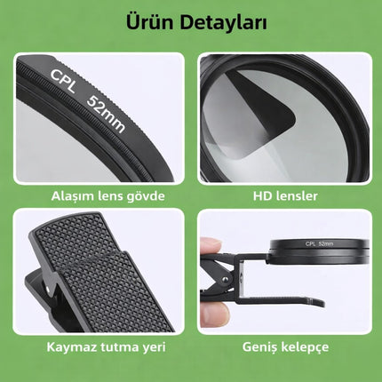 52mm CPL Polarize Telefon Kamera Filtresi Klipsli Döner Yansıma ve Parlama Azaltıcı Lens
