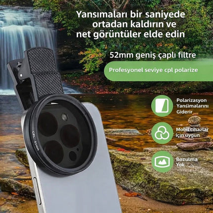 52mm CPL Polarize Telefon Kamera Filtresi Klipsli Döner Yansıma ve Parlama Azaltıcı Lens