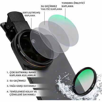 52mm CPL Polarize Telefon Kamera Filtresi Klipsli Döner Yansıma ve Parlama Azaltıcı Lens