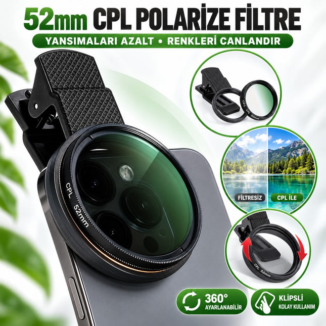 52mm CPL Polarize Telefon Kamera Filtresi Klipsli Döner Yansıma ve Parlama Azaltıcı Lens