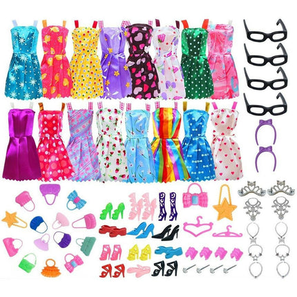 Barbie Bebekler Için 42 Parça Aksesuar Kıyafet Ayakkabı Çanta Askı Gözlük Seti.