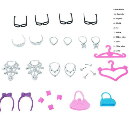 Barbie Bebekler Için 42 Parça Aksesuar Kıyafet Ayakkabı Çanta Askı Gözlük Seti.