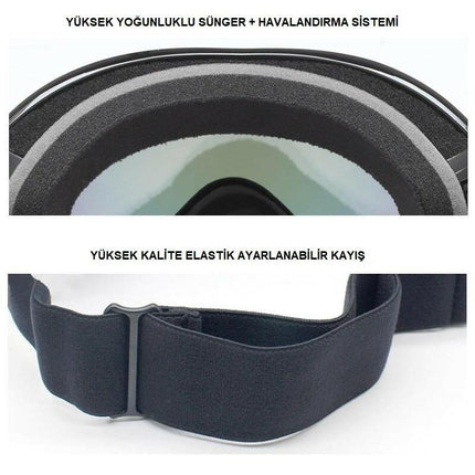 Çift Katman Anti-Sis Siyah Lens UV Snowboard Kayak Gözlüğü.