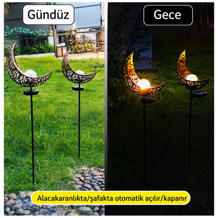 Güneş Enerjili Ay Figürlü 85 cm Solar Bahçe Lambası Dekoratif Kazıklı Dış Mekan Sıcak Beyaz LED Aydınlatma