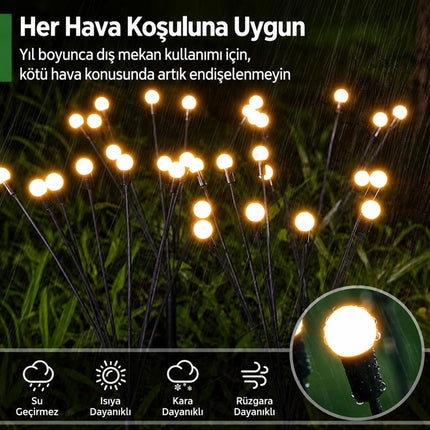 2'li Güneş Enerjili 70 cm Firefly Bahçe Lambası 8 LED Aydınlatma Dekoratif Solar Dış Mekan Balkon Yürüyüş Yolu
