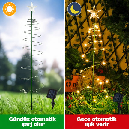 Güneş Enerjili LED Noel Yılbaşı Ağacı Bahçe Solar Balkon Teras Aydınlatması 68 cm 8 Mod Sıcak Beyaz