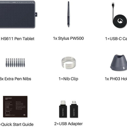 Huion HS611 10 x 6" 8192 Grafik Tablet Space Grey.