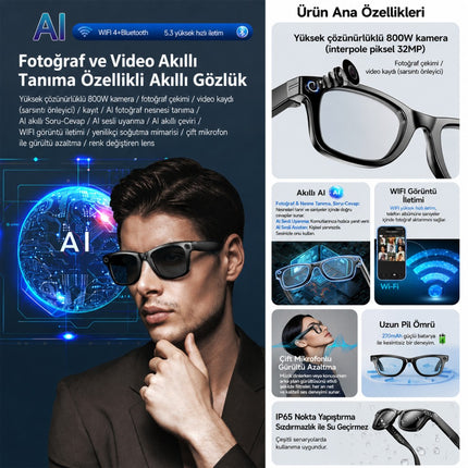 W610 AI Akıllı Kamera Gözlüğü 4K WiFi Bluetooth 5.3 | Sony 8MP Kamera, GPT Destekli Sesli Asistan, Fotoğraf & Video Çekimi