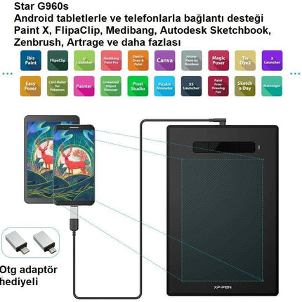 XP-Pen Star G960S 12.5x8.25 inç Grafik Tablet 8192 Basınç 4 Tuşlu.